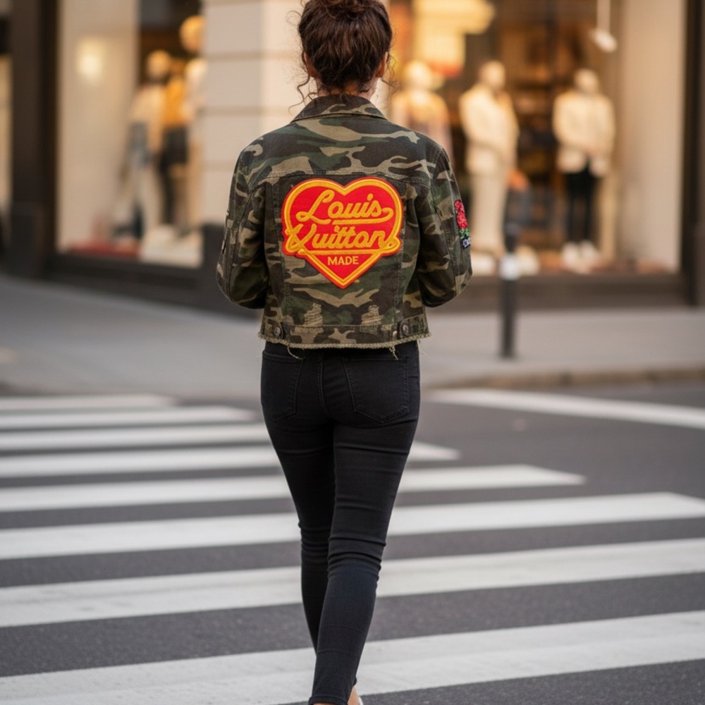 Louis Vuitton Green Camouflage Jacket with Red Logo